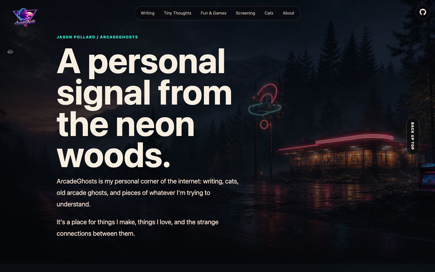 ArcadeGhosts homepage with a neon roadside scene and personal site introduction